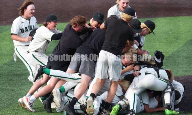 Badin High School's baseball team celebrates May 31, 2024, after a Division II regional championship game against Plain City Jonathan Alder at Mason. Badin won 2-0. RON ALVEY/CONTRIBUTOR