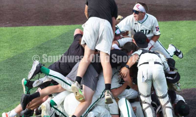 Badin High School's baseball team celebrates May 31, 2024, after a Division II regional championship game against Plain City Jonathan Alder at Mason. Badin won 2-0. RON ALVEY/CONTRIBUTOR