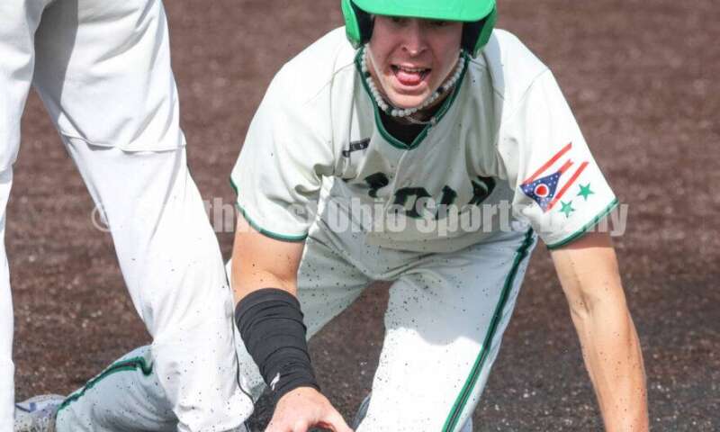 Badin High School's Chase Luebbe gets back to first base safely May 31, 2024, during a Division II regional championship baseball game against Plain City Jonathan Alder at Mason. Badin won 2-0. RON ALVEY/CONTRIBUTOR