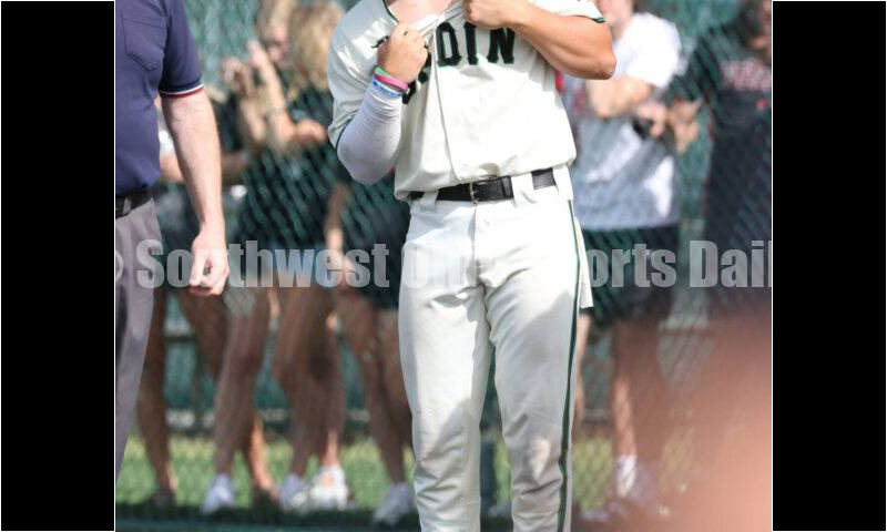 Badin High School's Kyle Anderson reacts to a first-inning hit May 31, 2024, during a Division II regional championship baseball game against Plain City Jonathan Alder at Mason. Badin won 2-0. RON ALVEY/CONTRIBUTOR