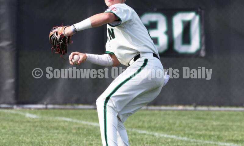 Badin High School left fielder Austin Vangen is about to nail a runner at the plate May 31, 2024, during a Division II regional championship baseball game against Plain City Jonathan Alder at Mason. Badin won 2-0. RON ALVEY/CONTRIBUTOR
