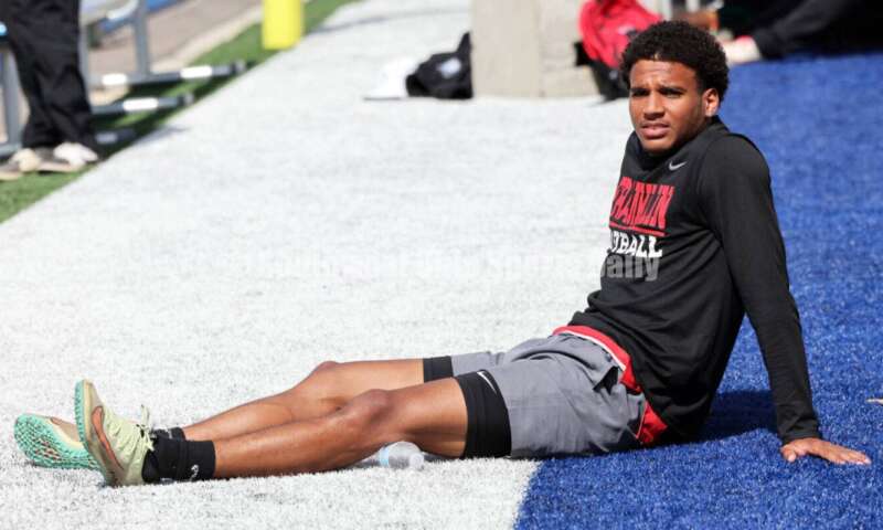 Franklin High School's Josh Carter relaxes between attempts in the Division I boys long jump June 1, 2024, during the state track & field meet at Welcome Stadium in Dayton. Carter placed ninth. RICK CASSANO/STAFF