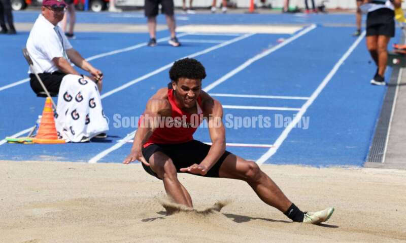 Franklin High School's Josh Carter makes a landing in the Division I boys long jump June 1, 2024, during the state track & field meet at Welcome Stadium in Dayton. Carter placed ninth. RICK CASSANO/STAFF