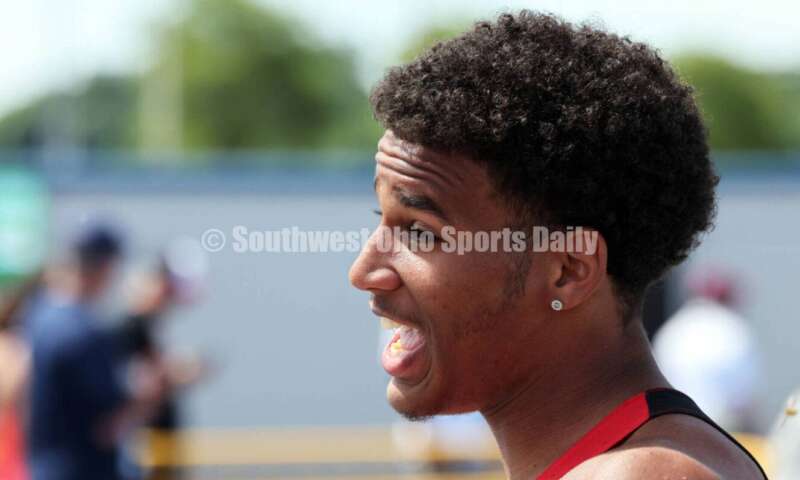 Franklin High School's Josh Carter reacts between attempts in the Division I boys long jump June 1, 2024, during the state track & field meet at Welcome Stadium in Dayton. Carter placed ninth. RICK CASSANO/STAFF