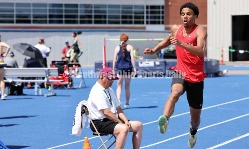 Franklin High School's Josh Carter leaps in the Division I boys long jump June 1, 2024, during the state track & field meet at Welcome Stadium in Dayton. Carter placed ninth. RICK CASSANO/STAFF