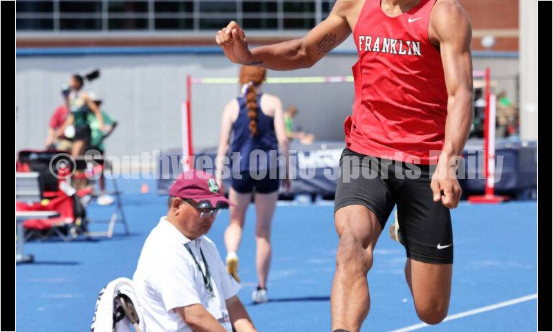 Franklin High School's Josh Carter competes in the Division I boys long jump June 1, 2024, during the state track & field meet at Welcome Stadium in Dayton. Carter placed ninth. RICK CASSANO/STAFF