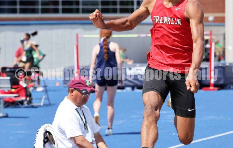 Franklin High School's Josh Carter competes in the Division I boys long jump June 1, 2024, during the state track & field meet at Welcome Stadium in Dayton. Carter placed ninth. RICK CASSANO/STAFF