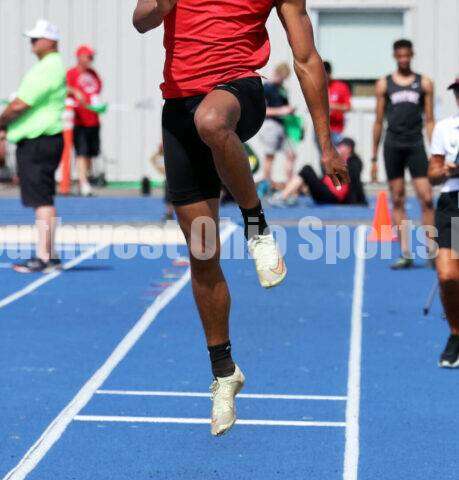 Franklin High School's Josh Carter flies through the air in the Division I boys long jump June 1, 2024, during the state track & field meet at Welcome Stadium in Dayton. Carter placed ninth. RICK CASSANO/STAFF