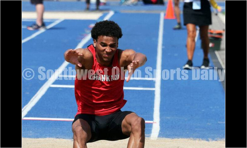 Franklin High School's Josh Carter hits the sand in the Division I boys long jump June 1, 2024, during the state track & field meet at Welcome Stadium in Dayton. Carter placed ninth. RICK CASSANO/STAFF