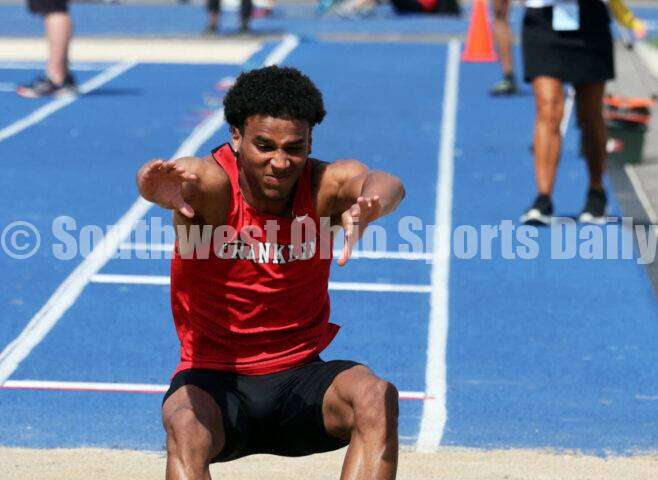 Franklin High School's Josh Carter hits the sand in the Division I boys long jump June 1, 2024, during the state track & field meet at Welcome Stadium in Dayton. Carter placed ninth. RICK CASSANO/STAFF