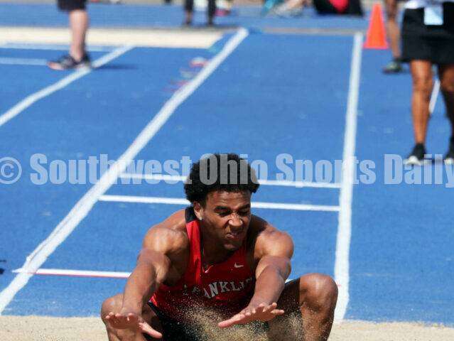 Franklin High School's Josh Carter makes a landing in the Division I boys long jump June 1, 2024, during the state track & field meet at Welcome Stadium in Dayton. Carter placed ninth. RICK CASSANO/STAFF