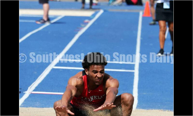 Franklin High School's Josh Carter makes a landing in the Division I boys long jump June 1, 2024, during the state track & field meet at Welcome Stadium in Dayton. Carter placed ninth. RICK CASSANO/STAFF
