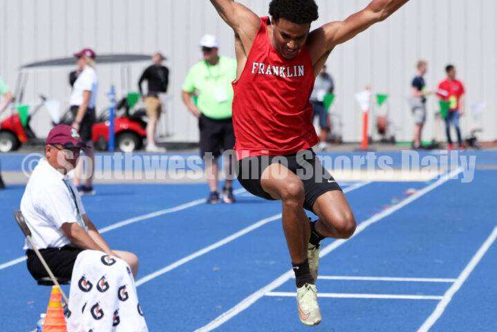 Franklin High School's Josh Carter strains for distance in the Division I boys long jump June 1, 2024, during the state track & field meet at Welcome Stadium in Dayton. Carter placed ninth. RICK CASSANO/STAFF