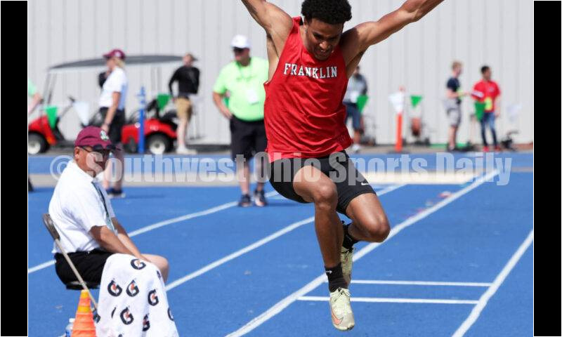 Franklin High School's Josh Carter strains for distance in the Division I boys long jump June 1, 2024, during the state track & field meet at Welcome Stadium in Dayton. Carter placed ninth. RICK CASSANO/STAFF