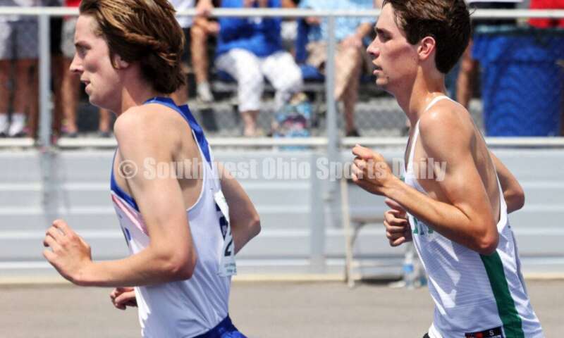 Badin High School's Nick Dunn (right) competes in the Division II boys 3,200-meter run June 1, 2024, during the state track & field meet at Welcome Stadium in Dayton. Dunn placed eighth. RICK CASSANO/STAFF