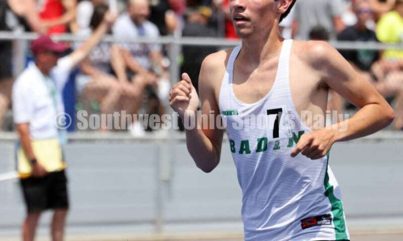 Badin High School's Nick Dunn runs in the Division II boys 3,200-meter race June 1, 2024, during the state track & field meet at Welcome Stadium in Dayton. Dunn placed eighth. RICK CASSANO/STAFF
