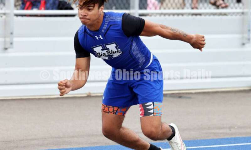 Hamilton High School's Javon McClain takes off on the third leg of the Division I boys 400-meter relay June 1, 2024, during the state track & field meet at Welcome Stadium in Dayton. HHS placed second. RICK CASSANO/STAFF