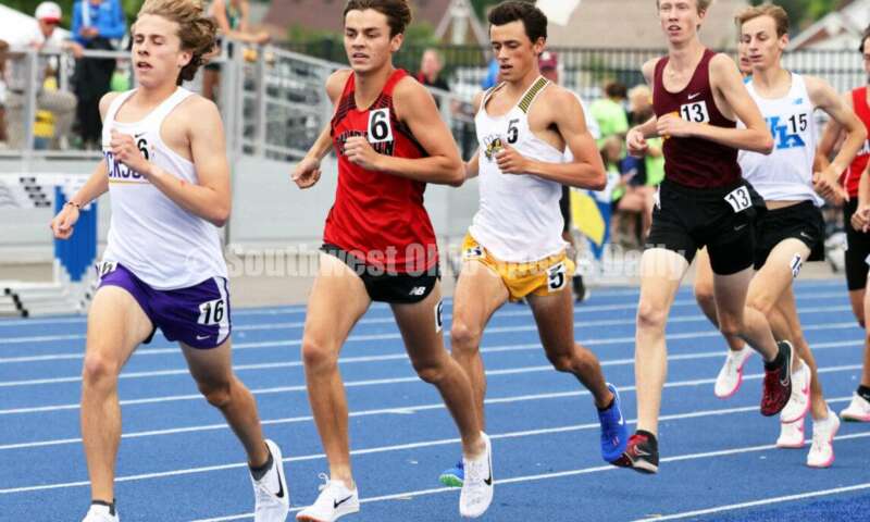 Monroe High School's Andrew Wilcox (5) runs in the Division I boys 3,200-meter run June 1, 2024, during the state track & field meet at Welcome Stadium in Dayton. Wilcox placed 17th. RICK CASSANO/STAFF