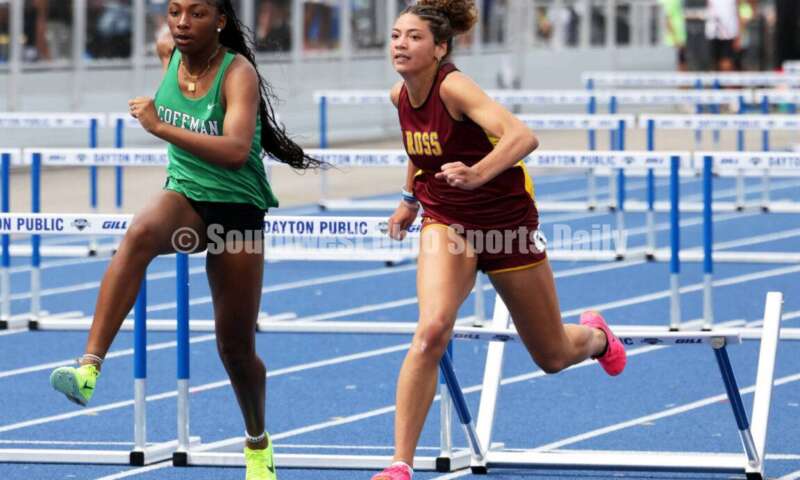 Ross High School's Myah Boze competes against Dublin Coffman's Nadiya Webb in the Division I girls 100-meter hurdles June 1, 2024, during the state track & field meet at Welcome Stadium in Dayton. Boze placed seventh. RICK CASSANO/STAFF