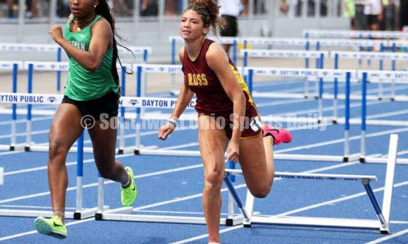 Ross High School's Myah Boze gets past Dublin Coffman's Nadiya Webb in the Division I girls 100-meter hurdles June 1, 2024, during the state track & field meet at Welcome Stadium in Dayton. Boze placed seventh. RICK CASSANO/STAFF