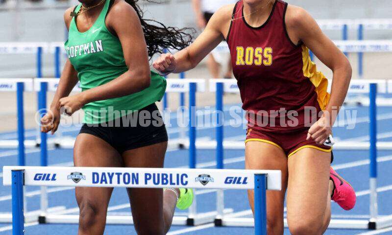 Ross High School's Myah Boze runs next to Dublin Coffman's Nadiya Webb in the Division I girls 100-meter hurdles June 1, 2024, during the state track & field meet at Welcome Stadium in Dayton. Boze placed seventh. RICK CASSANO/STAFF