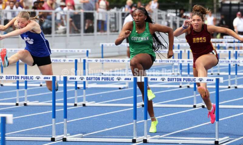 Ross High School's Myah Boze competes with Hilliard Davidson's Anna Wile (far left) and Dublin Coffman's Nadiya Webb in the Division I girls 100-meter hurdles June 1, 2024, during the state track & field meet at Welcome Stadium in Dayton. Boze placed seventh. RICK CASSANO/STAFF