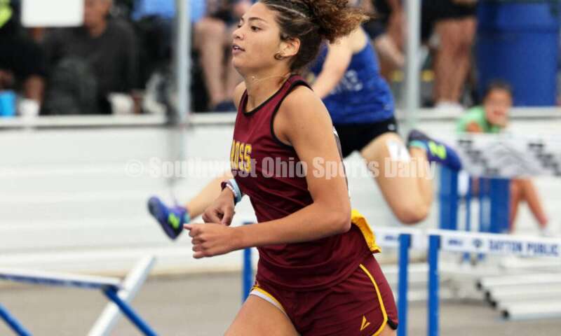 Ross High School's Myah Boze runs in the Division I girls 300-meter hurdles June 1, 2024, during the state track & field meet at Welcome Stadium in Dayton. Boze placed third. RICK CASSANO/STAFF