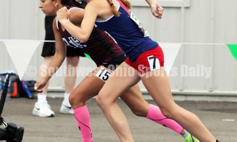 Talawanda High School's Lucia Rodbro (right) takes off in the Division I girls 3,200-meter run June 1, 2024, at the state track & field meet at Welcome Stadium in Dayton. Rodbro placed seventh. RICK CASSANO/STAFF
