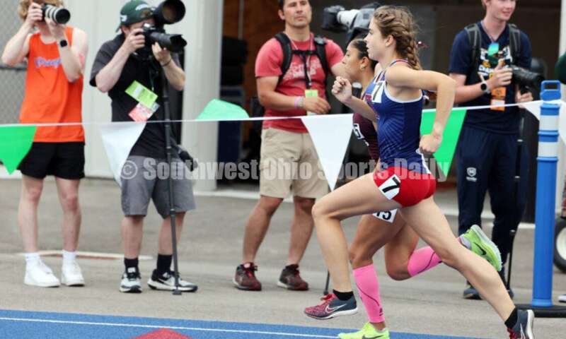 Talawanda High School's Lucia Rodbro (front) takes off in the Division I girls 3,200-meter run June 1, 2024, at the state track & field meet at Welcome Stadium in Dayton. Rodbro placed seventh. RICK CASSANO/STAFF