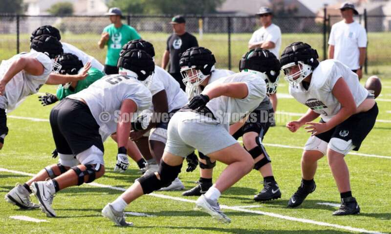 Harrison High School's football team went through a practice session Aug. 14, 2024, at the school in Harrison. RICK CASSANO/STAFF