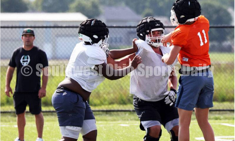 Harrison High School's football team went through a practice session Aug. 14, 2024, at the school in Harrison. RICK CASSANO/STAFF