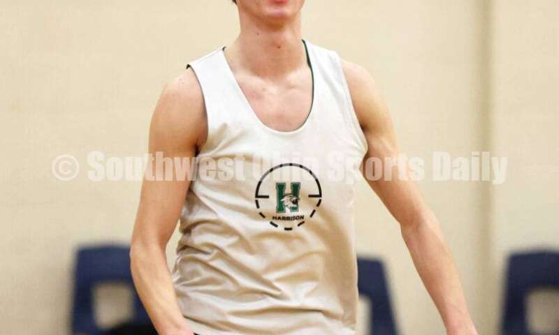 Harrison High School's Grant Meibers reacts to a play Dec. 2, 2024, during a boys basketball practice session in Harrison. RICK CASSANO/STAFF