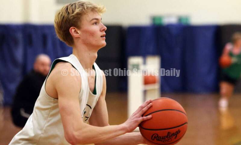 Harrison High School's Grant Meibers lines up a shot Dec. 2, 2024, during a boys basketball practice session in Harrison. RICK CASSANO/STAFF