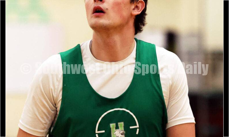 Harrison High School's Brody Mumfrey eyes a rebound Dec. 2, 2024, during a boys basketball practice session in Harrison. RICK CASSANO/STAFF