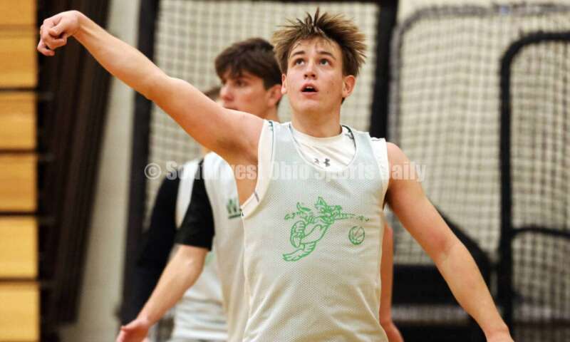 Harrison High School's Tucker Ward follows through on a shot Dec. 2, 2024, during a boys basketball practice session in Harrison. RICK CASSANO/STAFF