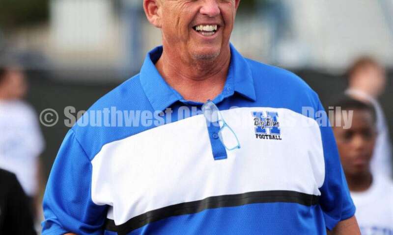 Hamilton High School coach Arvie Crouch watches during youth football camp June 20, 2025, at Virgil Schwarm Stadium in Hamilton. RICK CASSANO/STAFF