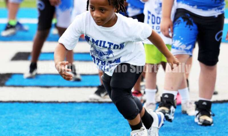 Scenes from Hamilton High School's youth football camp June 20, 2025, at Virgil Schwarm Stadium in Hamilton. RICK CASSANO/STAFF