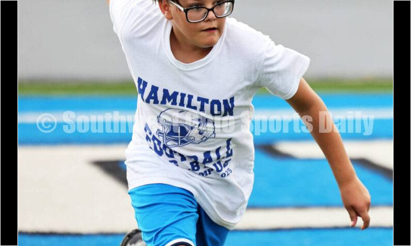 Scenes from Hamilton High School's youth football camp June 20, 2025, at Virgil Schwarm Stadium in Hamilton. RICK CASSANO/STAFF