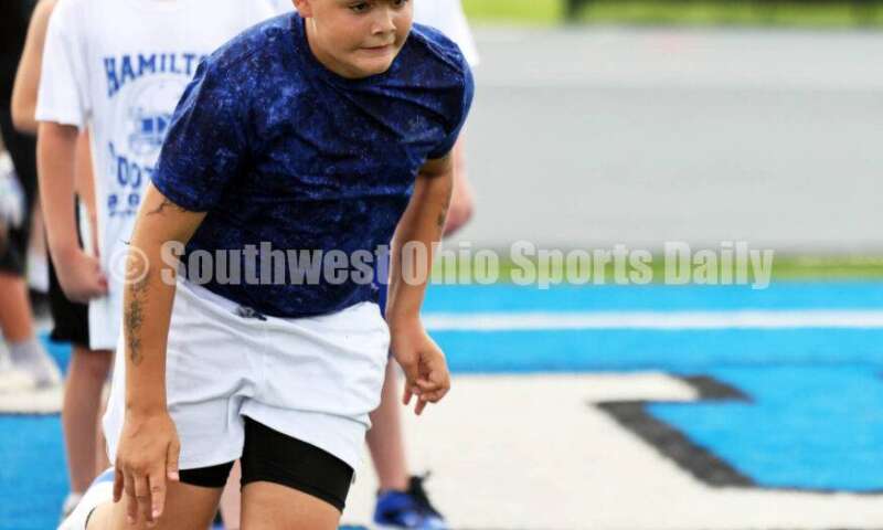 Scenes from Hamilton High School's youth football camp June 20, 2025, at Virgil Schwarm Stadium in Hamilton. RICK CASSANO/STAFF