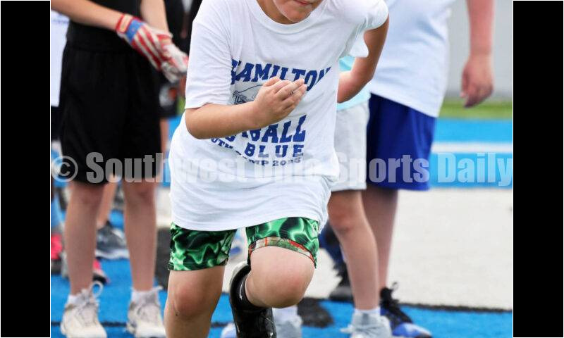 Scenes from Hamilton High School's youth football camp June 20, 2025, at Virgil Schwarm Stadium in Hamilton. RICK CASSANO/STAFF