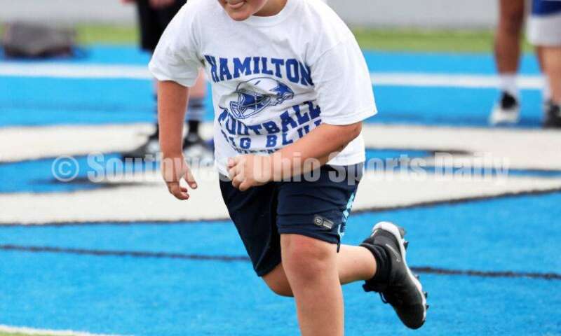 Scenes from Hamilton High School's youth football camp June 20, 2025, at Virgil Schwarm Stadium in Hamilton. RICK CASSANO/STAFF