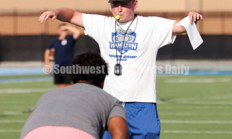 Scenes from Hamilton High School's youth football camp June 20, 2025, at Virgil Schwarm Stadium in Hamilton. RICK CASSANO/STAFF