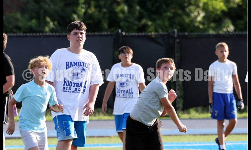 Scenes from Hamilton High School's youth football camp June 20, 2025, at Virgil Schwarm Stadium in Hamilton. RICK CASSANO/STAFF