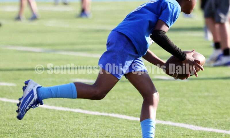 Scenes from Hamilton High School's youth football camp June 20, 2025, at Virgil Schwarm Stadium in Hamilton. RICK CASSANO/STAFF
