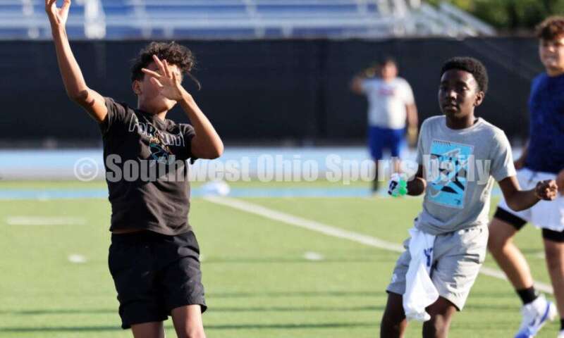 Scenes from Hamilton High School's youth football camp June 20, 2025, at Virgil Schwarm Stadium in Hamilton. RICK CASSANO/STAFF