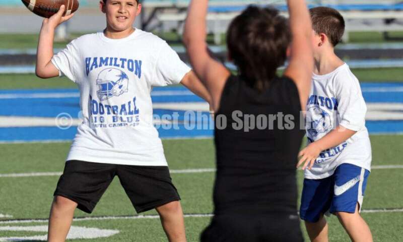 Scenes from Hamilton High School's youth football camp June 20, 2025, at Virgil Schwarm Stadium in Hamilton. RICK CASSANO/STAFF