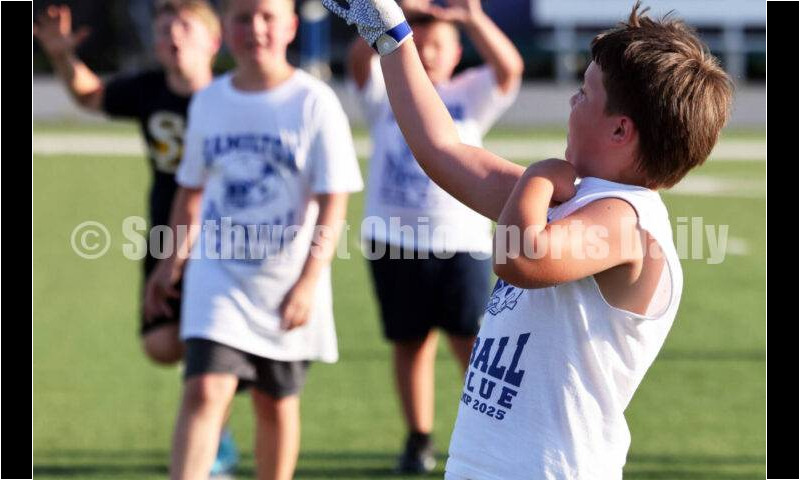 Scenes from Hamilton High School's youth football camp June 20, 2025, at Virgil Schwarm Stadium in Hamilton. RICK CASSANO/STAFF