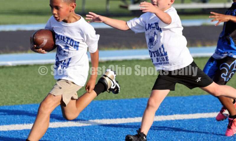 Scenes from Hamilton High School's youth football camp June 20, 2025, at Virgil Schwarm Stadium in Hamilton. RICK CASSANO/STAFF