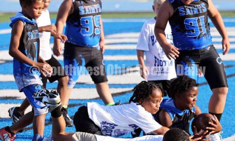 Scenes from Hamilton High School's youth football camp June 20, 2025, at Virgil Schwarm Stadium in Hamilton. RICK CASSANO/STAFF