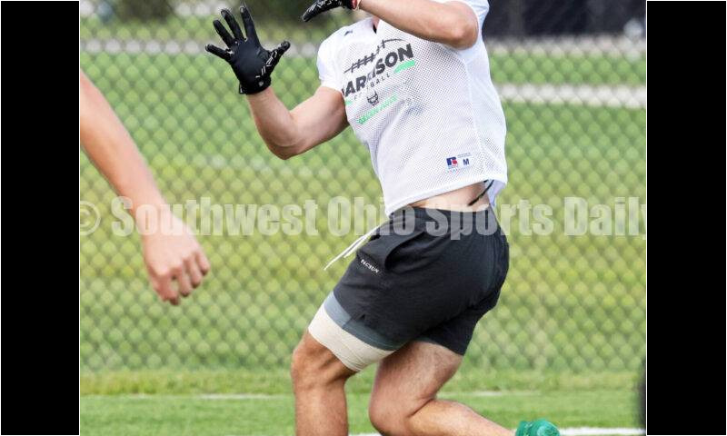 Harrison High School receiver Josh Adelsperger makes a catch Aug. 7, 2025, during a football practice at the school in Harrison. RICK CASSANO/STAFF